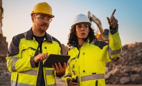 np_Male Civil Engineer Talking To Hispanic Female Inspector And Using Tablet Computer On Construction Site of New Building. Real Estate Developers Discussing Business, Excavators Working._5lVagv_free
